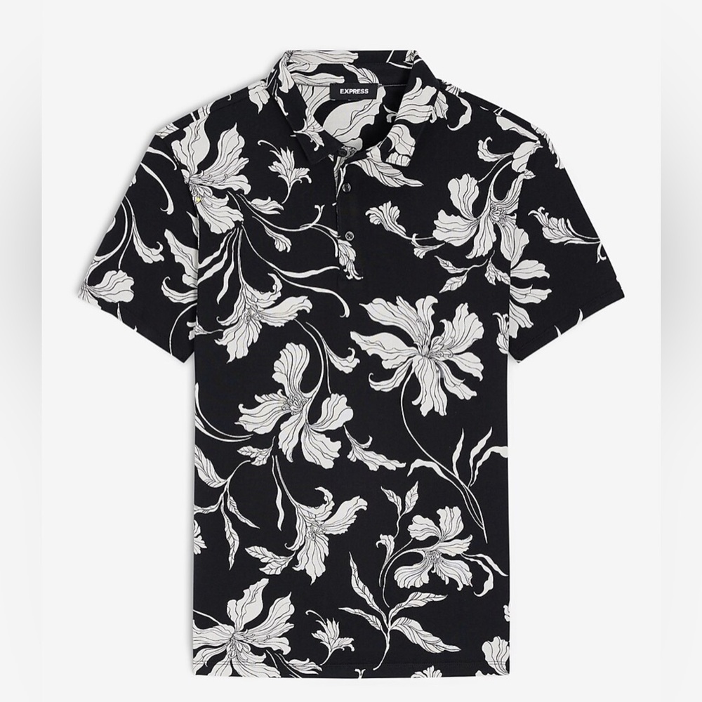 Men’s Express Black and White Floral Polo sz L